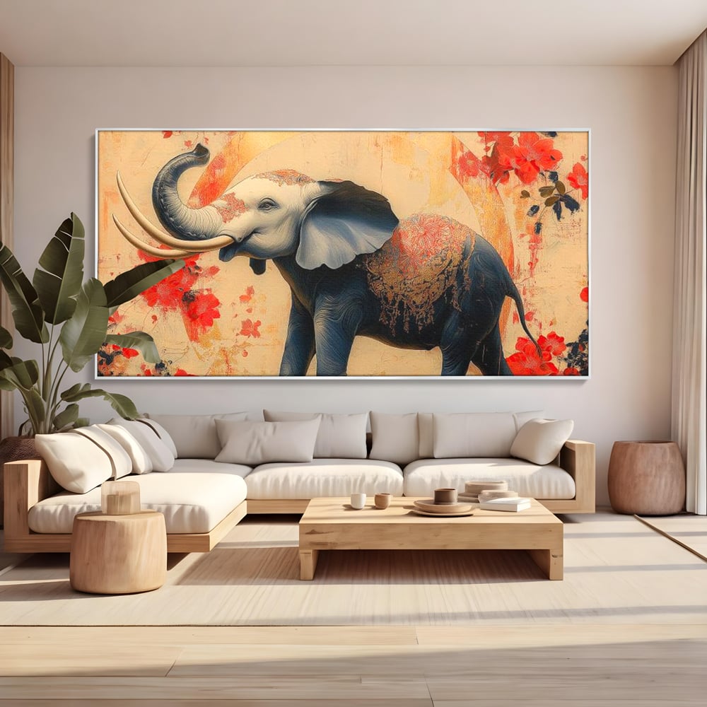 Tablou Canvas Premium, LuxCanva® M1308, Dans la Rasarit Japonez, Elefant, Animal, Oriental, Floral, Abstract, Arta, Traditie, Colti, Trompa, Elegant, Birou, Living, Camera Copil