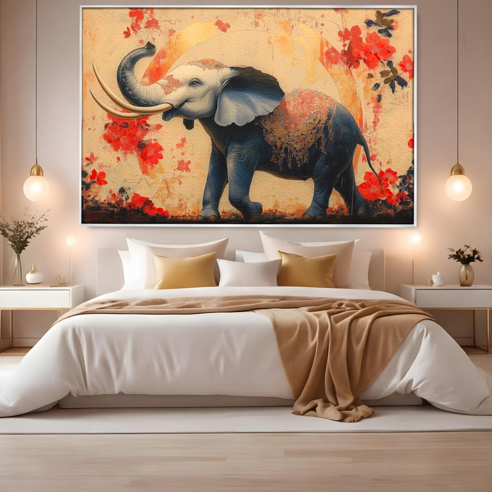 Tablou Canvas Premium, LuxCanva® M1308, Dans la Rasarit Japonez, Elefant, Animal, Oriental, Floral, Abstract, Arta, Traditie, Colti, Trompa, Elegant, Birou, Living, Camera Copil