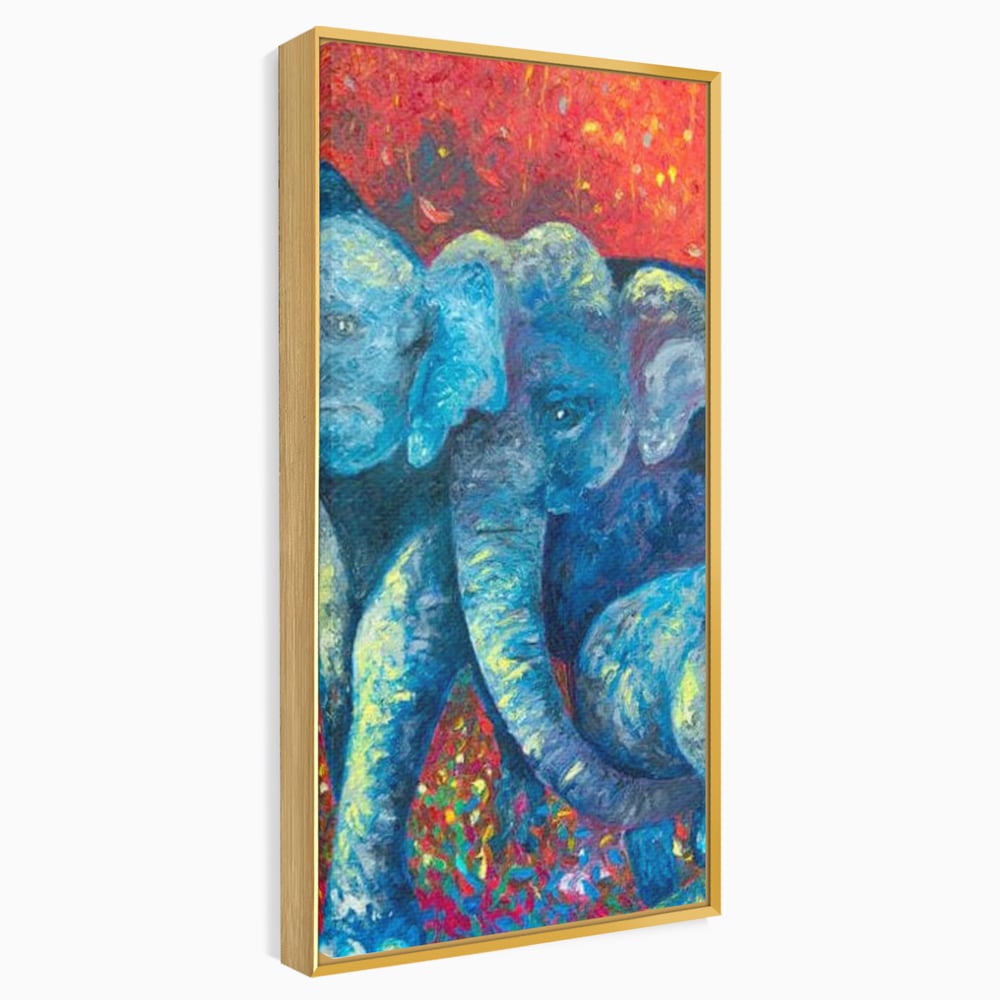 Leinwandbilder Premium, LuxCanva® M1309, Jungle Stories , Mehrfarbig, Expressionismus, Elefanten, Natur, Dschungel, Tropisch, Savanne, Wärme, Kontrast, Büro, Wohnen, Kinderzimmer