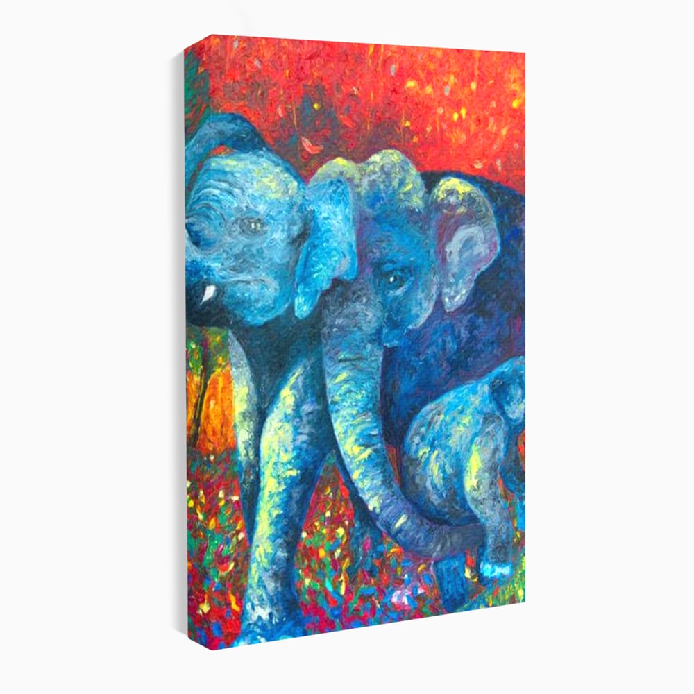 Leinwandbilder Premium, LuxCanva® M1309, Jungle Stories , Mehrfarbig, Expressionismus, Elefanten, Natur, Dschungel, Tropisch, Savanne, Wärme, Kontrast, Büro, Wohnen, Kinderzimmer