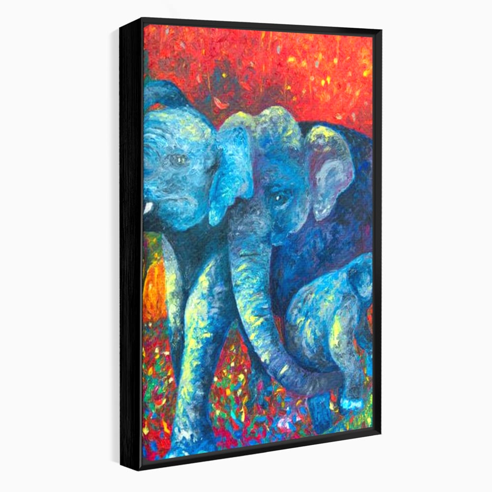Leinwandbilder Premium, LuxCanva® M1309, Jungle Stories , Mehrfarbig, Expressionismus, Elefanten, Natur, Dschungel, Tropisch, Savanne, Wärme, Kontrast, Büro, Wohnen, Kinderzimmer