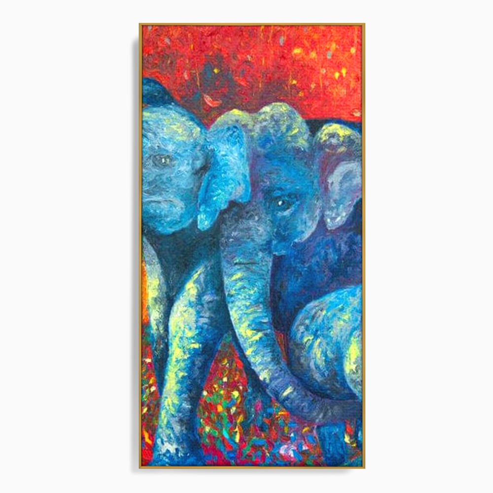 Leinwandbilder Premium, LuxCanva® M1309, Jungle Stories , Mehrfarbig, Expressionismus, Elefanten, Natur, Dschungel, Tropisch, Savanne, Wärme, Kontrast, Büro, Wohnen, Kinderzimmer
