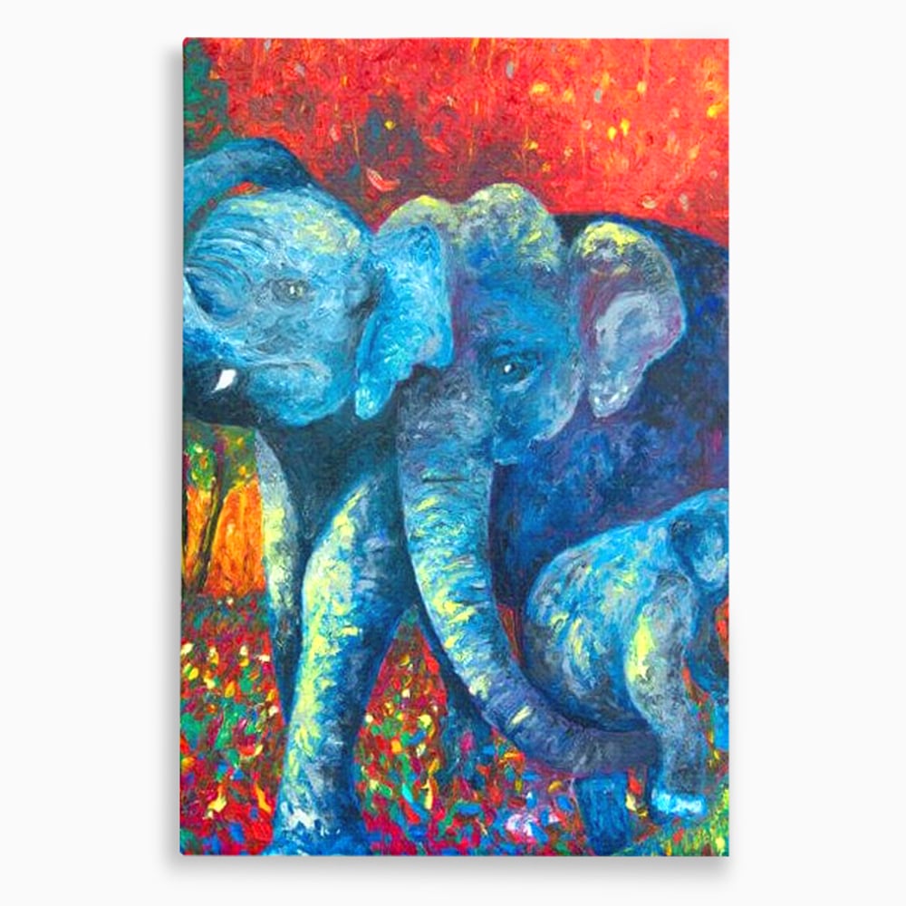 Leinwandbilder Premium, LuxCanva® M1309, Jungle Stories , Mehrfarbig, Expressionismus, Elefanten, Natur, Dschungel, Tropisch, Savanne, Wärme, Kontrast, Büro, Wohnen, Kinderzimmer