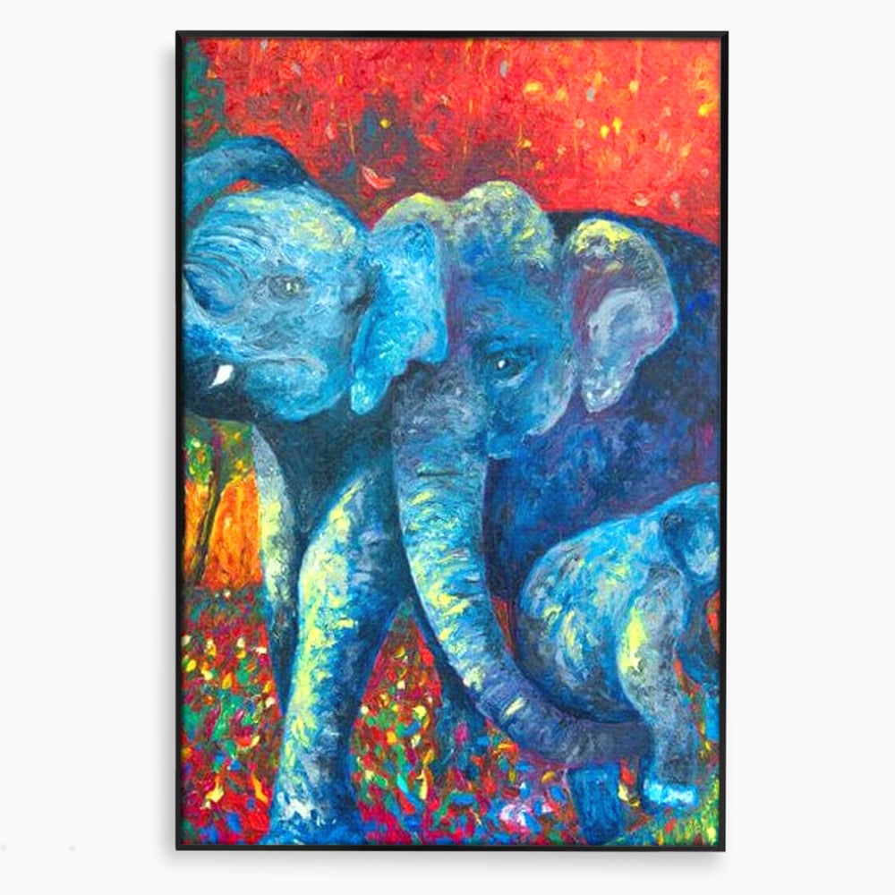 Leinwandbilder Premium, LuxCanva® M1309, Jungle Stories , Mehrfarbig, Expressionismus, Elefanten, Natur, Dschungel, Tropisch, Savanne, Wärme, Kontrast, Büro, Wohnen, Kinderzimmer