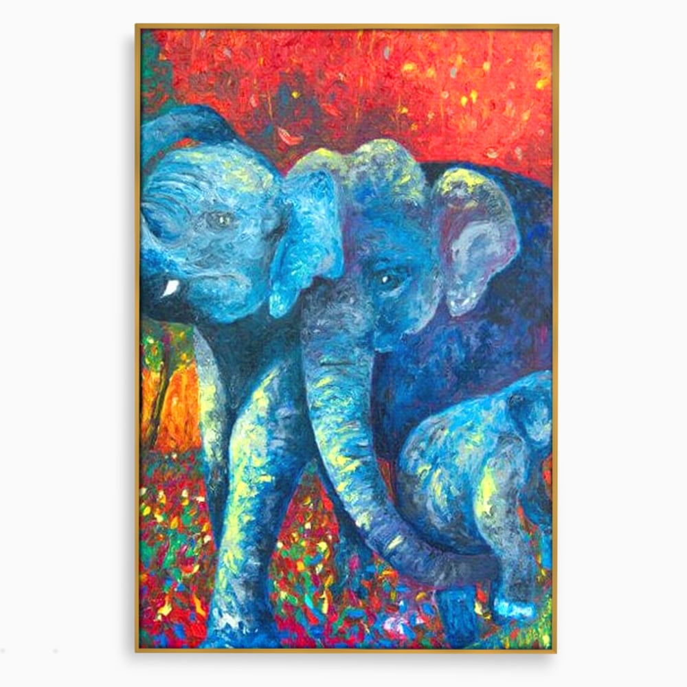 Leinwandbilder Premium, LuxCanva® M1309, Jungle Stories , Mehrfarbig, Expressionismus, Elefanten, Natur, Dschungel, Tropisch, Savanne, Wärme, Kontrast, Büro, Wohnen, Kinderzimmer