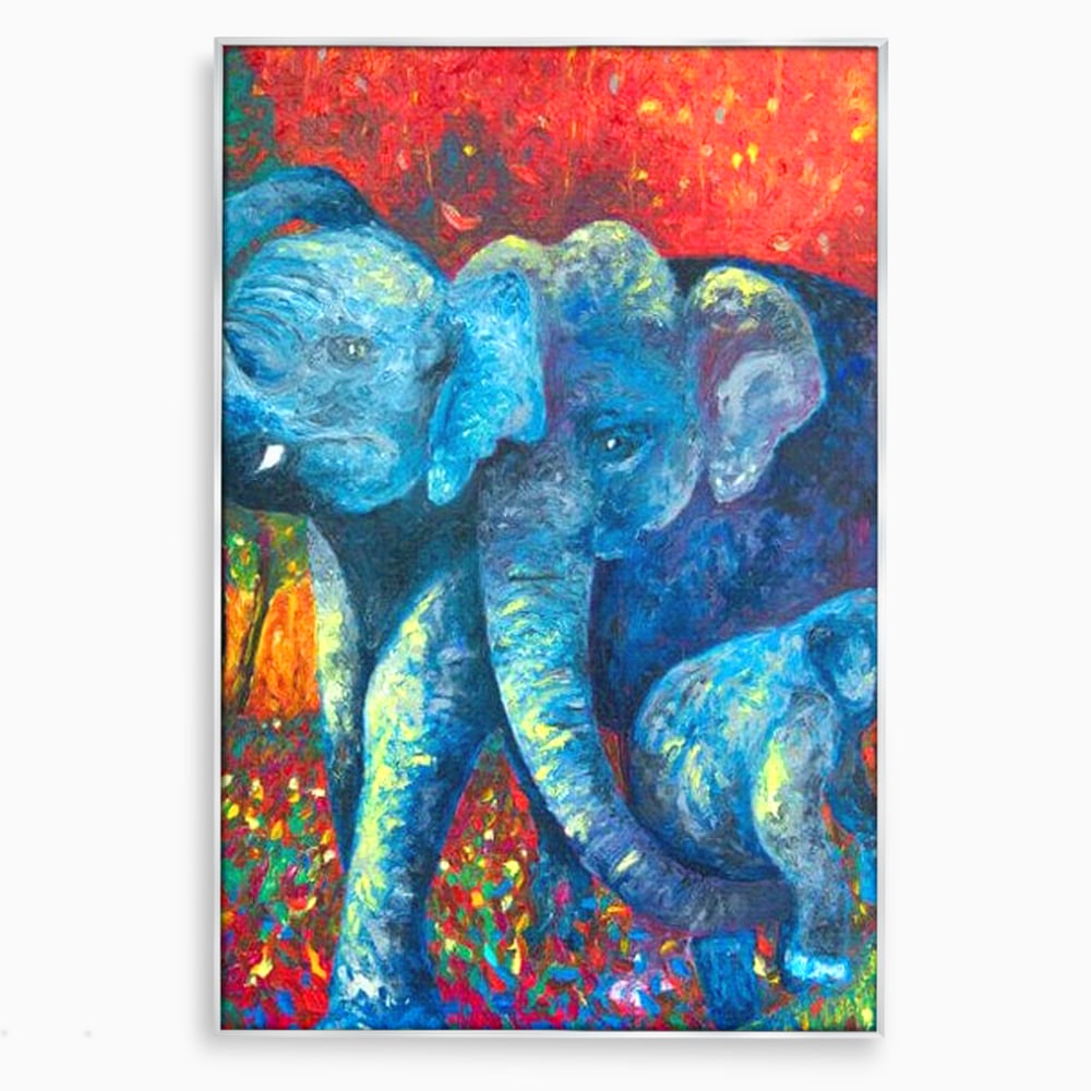 Leinwandbilder Premium, LuxCanva® M1309, Jungle Stories , Mehrfarbig, Expressionismus, Elefanten, Natur, Dschungel, Tropisch, Savanne, Wärme, Kontrast, Büro, Wohnen, Kinderzimmer