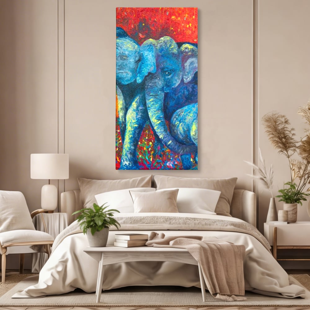 Leinwandbilder Premium, LuxCanva® M1309, Jungle Stories , Mehrfarbig, Expressionismus, Elefanten, Natur, Dschungel, Tropisch, Savanne, Wärme, Kontrast, Büro, Wohnen, Kinderzimmer