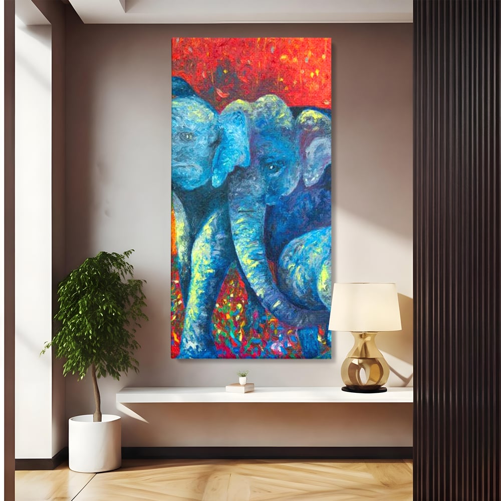 Leinwandbilder Premium, LuxCanva® M1309, Jungle Stories , Mehrfarbig, Expressionismus, Elefanten, Natur, Dschungel, Tropisch, Savanne, Wärme, Kontrast, Büro, Wohnen, Kinderzimmer