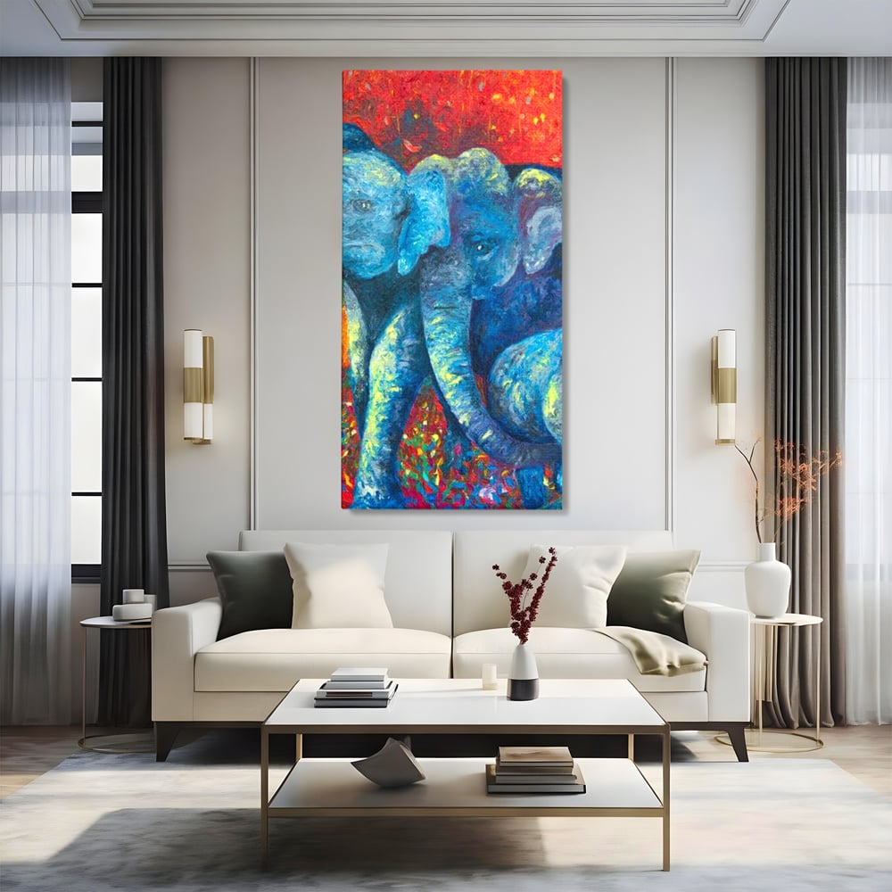 Leinwandbilder Premium, LuxCanva® M1309, Jungle Stories , Mehrfarbig, Expressionismus, Elefanten, Natur, Dschungel, Tropisch, Savanne, Wärme, Kontrast, Büro, Wohnen, Kinderzimmer