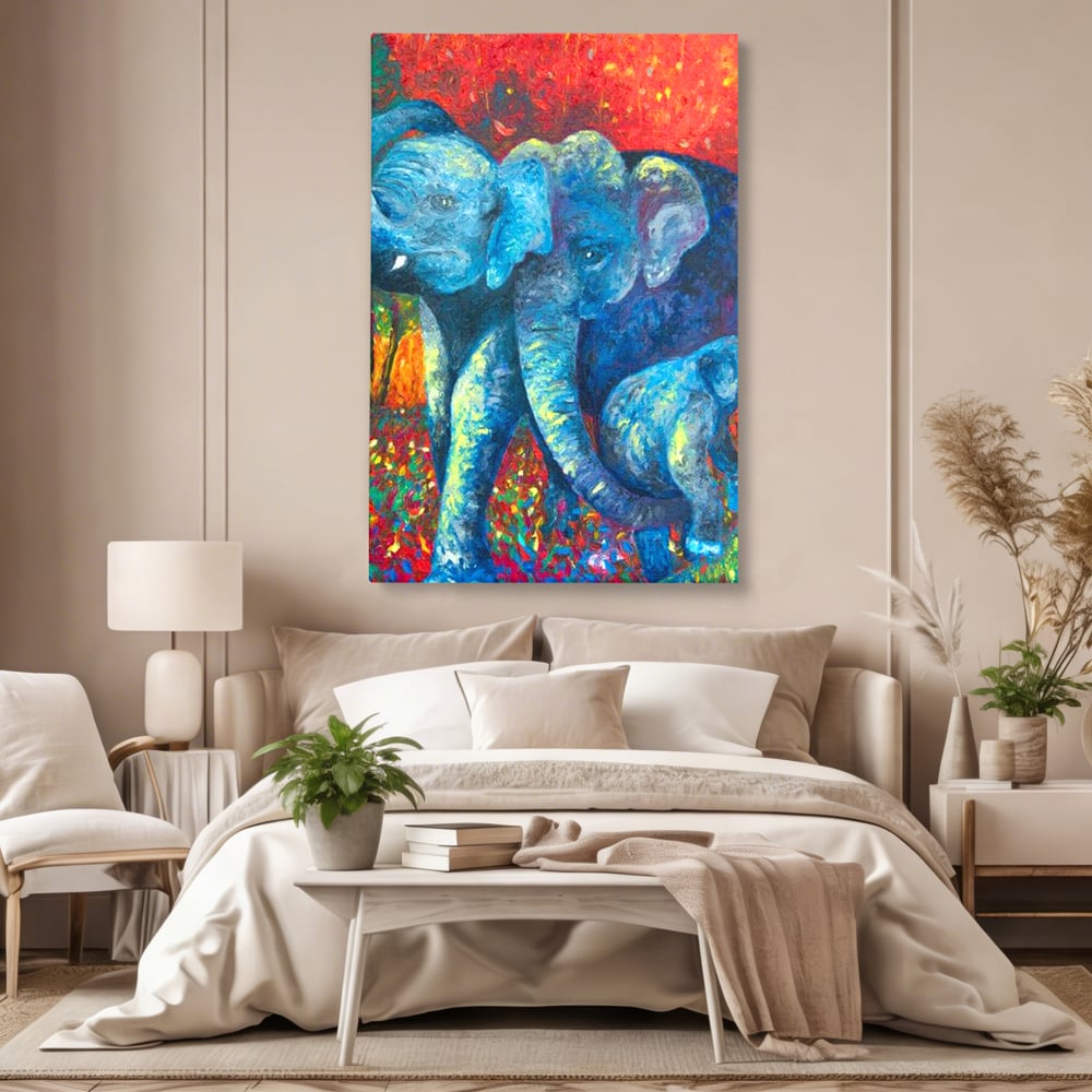 Leinwandbilder Premium, LuxCanva® M1309, Jungle Stories , Mehrfarbig, Expressionismus, Elefanten, Natur, Dschungel, Tropisch, Savanne, Wärme, Kontrast, Büro, Wohnen, Kinderzimmer