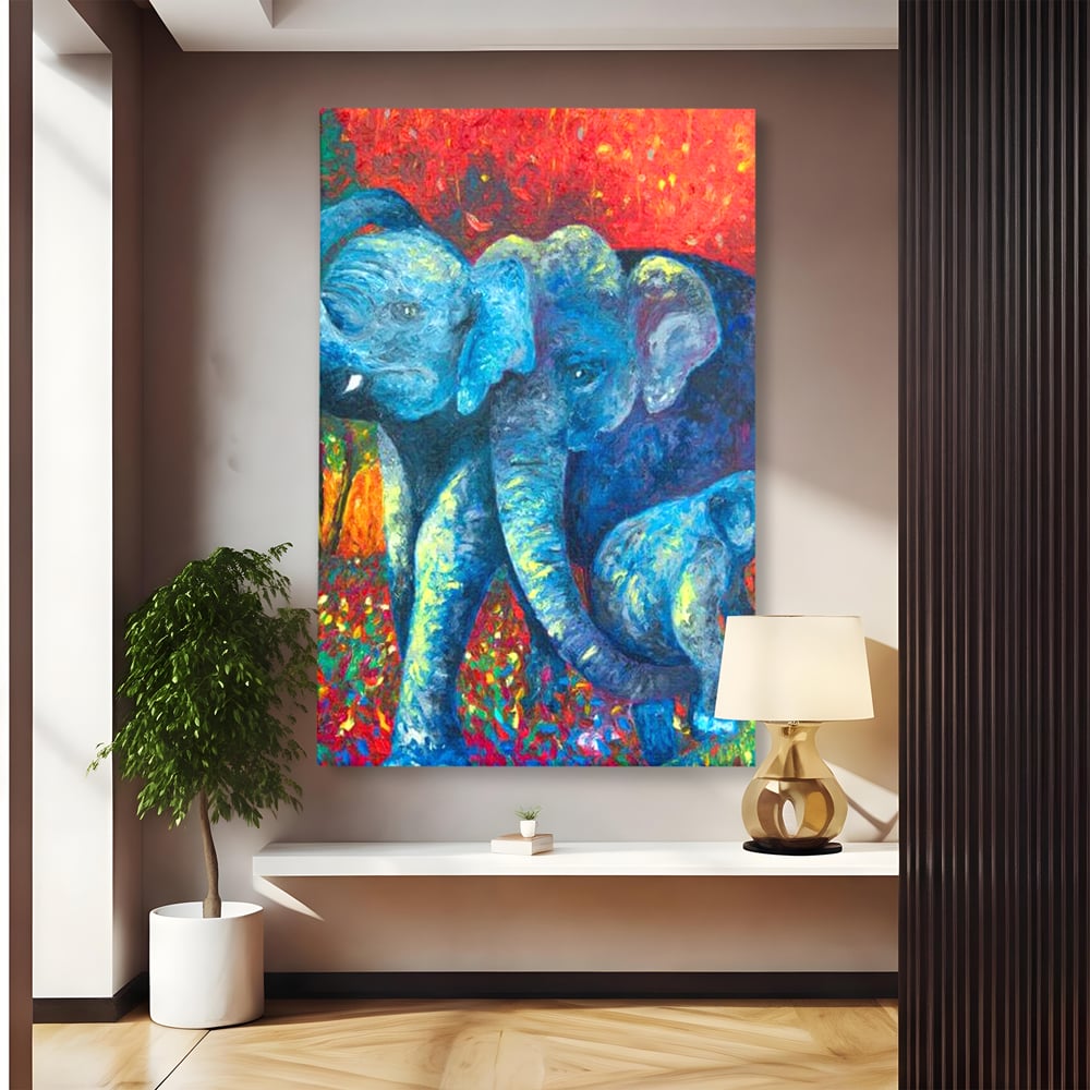 Leinwandbilder Premium, LuxCanva® M1309, Jungle Stories , Mehrfarbig, Expressionismus, Elefanten, Natur, Dschungel, Tropisch, Savanne, Wärme, Kontrast, Büro, Wohnen, Kinderzimmer