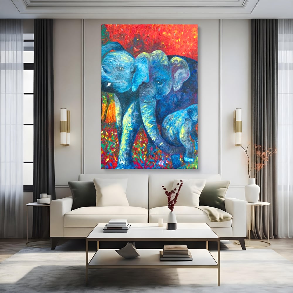 Leinwandbilder Premium, LuxCanva® M1309, Jungle Stories , Mehrfarbig, Expressionismus, Elefanten, Natur, Dschungel, Tropisch, Savanne, Wärme, Kontrast, Büro, Wohnen, Kinderzimmer