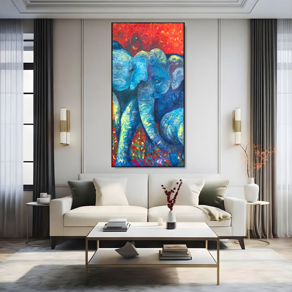 Leinwandbilder Premium, LuxCanva® M1309, Jungle Stories , Mehrfarbig, Expressionismus, Elefanten, Natur, Dschungel, Tropisch, Savanne, Wärme, Kontrast, Büro, Wohnen, Kinderzimmer