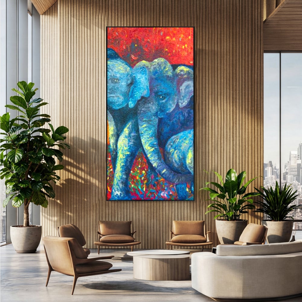 Leinwandbilder Premium, LuxCanva® M1309, Jungle Stories , Mehrfarbig, Expressionismus, Elefanten, Natur, Dschungel, Tropisch, Savanne, Wärme, Kontrast, Büro, Wohnen, Kinderzimmer