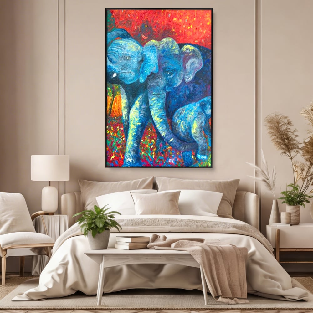Leinwandbilder Premium, LuxCanva® M1309, Jungle Stories , Mehrfarbig, Expressionismus, Elefanten, Natur, Dschungel, Tropisch, Savanne, Wärme, Kontrast, Büro, Wohnen, Kinderzimmer