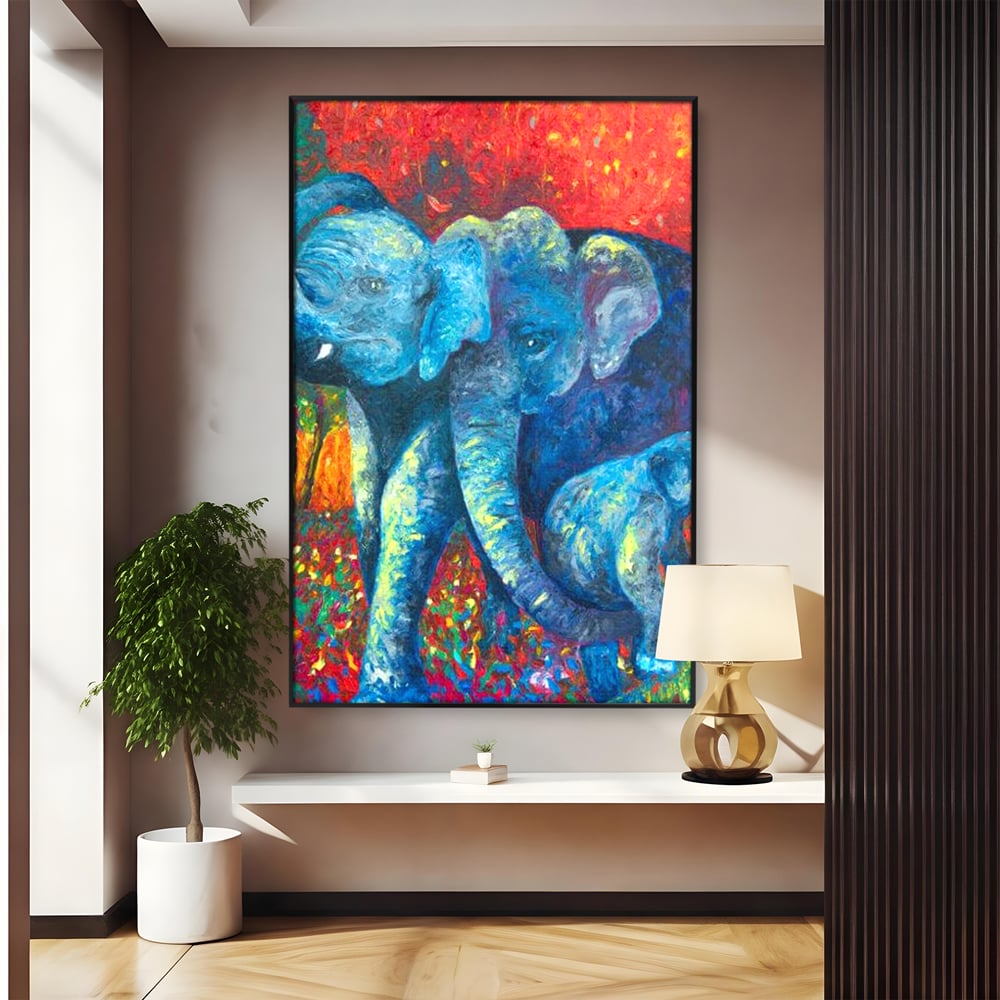Leinwandbilder Premium, LuxCanva® M1309, Jungle Stories , Mehrfarbig, Expressionismus, Elefanten, Natur, Dschungel, Tropisch, Savanne, Wärme, Kontrast, Büro, Wohnen, Kinderzimmer