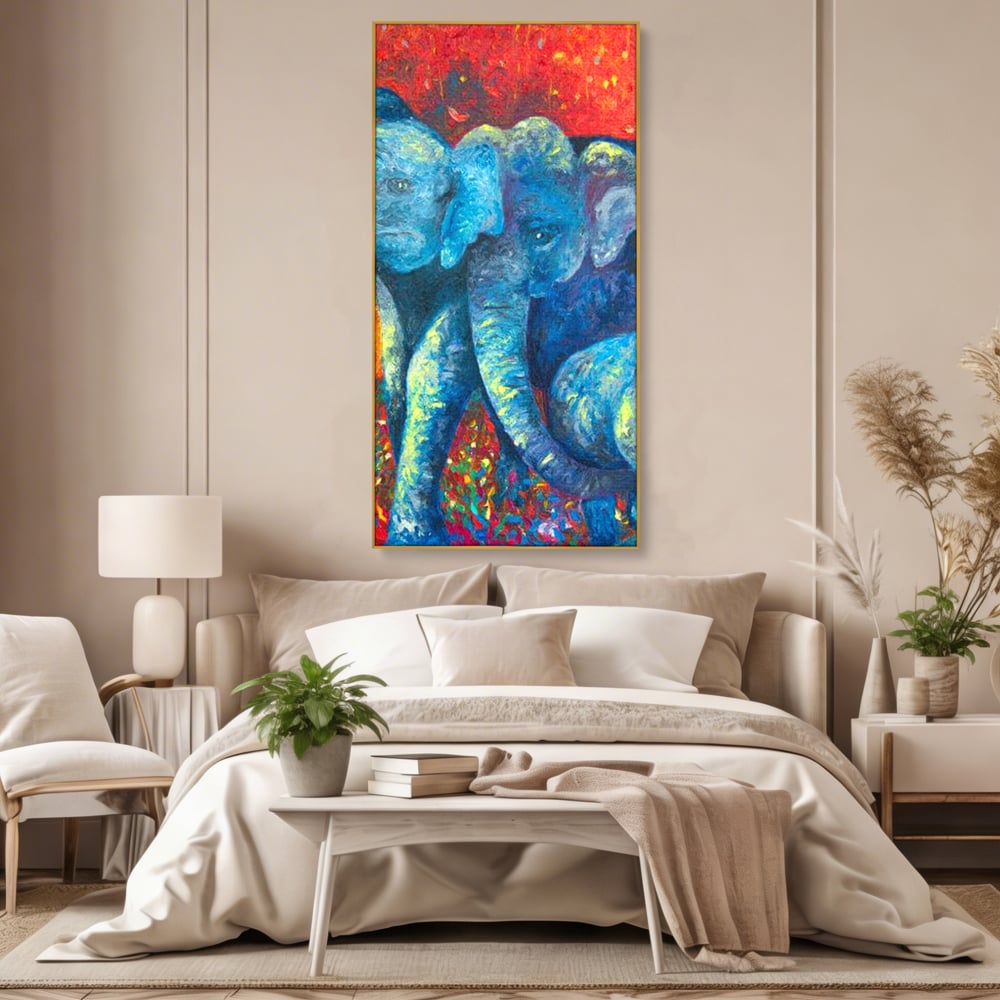 Leinwandbilder Premium, LuxCanva® M1309, Jungle Stories , Mehrfarbig, Expressionismus, Elefanten, Natur, Dschungel, Tropisch, Savanne, Wärme, Kontrast, Büro, Wohnen, Kinderzimmer