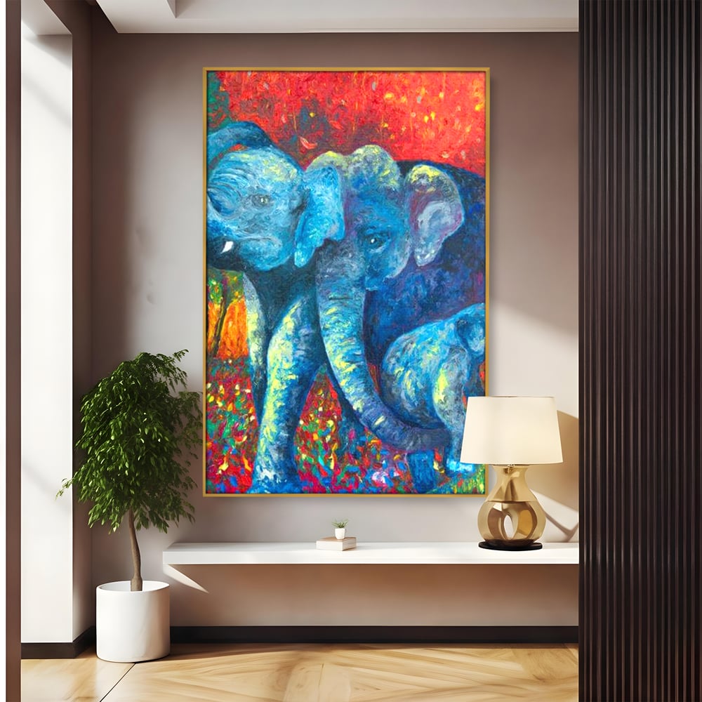 Leinwandbilder Premium, LuxCanva® M1309, Jungle Stories , Mehrfarbig, Expressionismus, Elefanten, Natur, Dschungel, Tropisch, Savanne, Wärme, Kontrast, Büro, Wohnen, Kinderzimmer