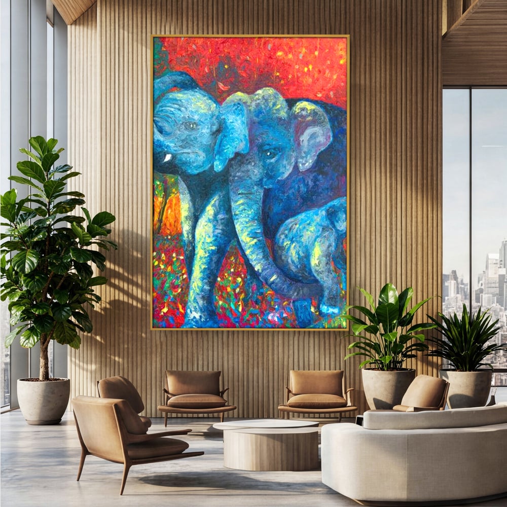 Leinwandbilder Premium, LuxCanva® M1309, Jungle Stories , Mehrfarbig, Expressionismus, Elefanten, Natur, Dschungel, Tropisch, Savanne, Wärme, Kontrast, Büro, Wohnen, Kinderzimmer