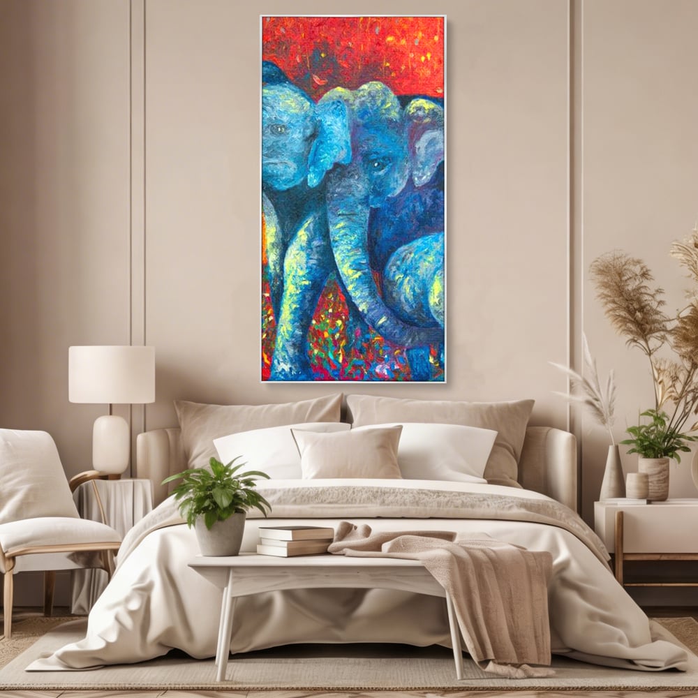 Leinwandbilder Premium, LuxCanva® M1309, Jungle Stories , Mehrfarbig, Expressionismus, Elefanten, Natur, Dschungel, Tropisch, Savanne, Wärme, Kontrast, Büro, Wohnen, Kinderzimmer