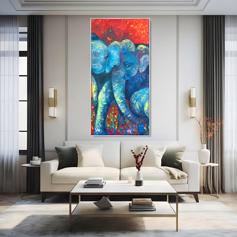 Leinwandbilder Premium, LuxCanva® M1309, Jungle Stories , Mehrfarbig, Expressionismus, Elefanten, Natur, Dschungel, Tropisch, Savanne, Wärme, Kontrast, Büro, Wohnen, Kinderzimmer