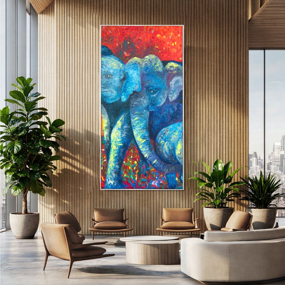 Leinwandbilder Premium, LuxCanva® M1309, Jungle Stories , Mehrfarbig, Expressionismus, Elefanten, Natur, Dschungel, Tropisch, Savanne, Wärme, Kontrast, Büro, Wohnen, Kinderzimmer