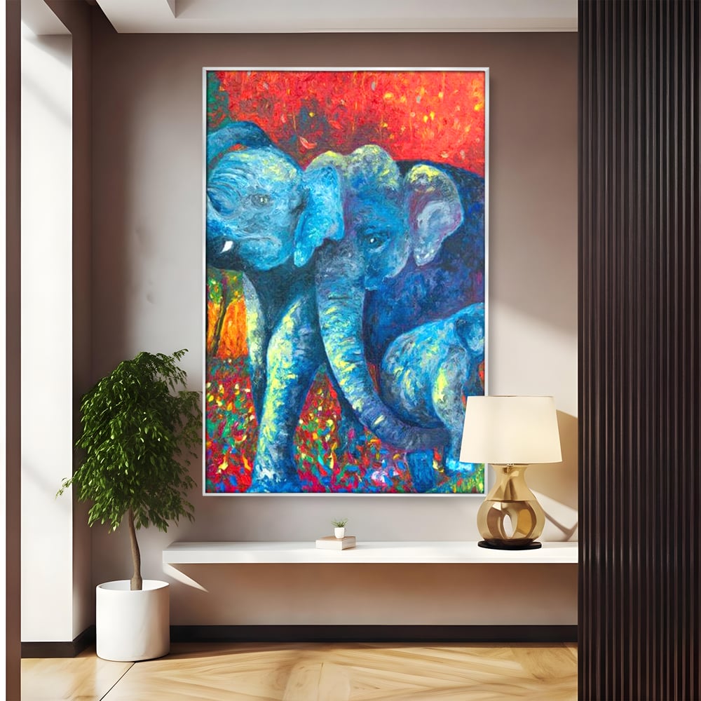 Leinwandbilder Premium, LuxCanva® M1309, Jungle Stories , Mehrfarbig, Expressionismus, Elefanten, Natur, Dschungel, Tropisch, Savanne, Wärme, Kontrast, Büro, Wohnen, Kinderzimmer