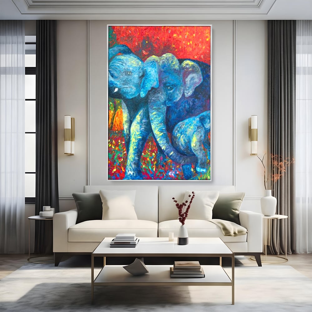 Leinwandbilder Premium, LuxCanva® M1309, Jungle Stories , Mehrfarbig, Expressionismus, Elefanten, Natur, Dschungel, Tropisch, Savanne, Wärme, Kontrast, Büro, Wohnen, Kinderzimmer