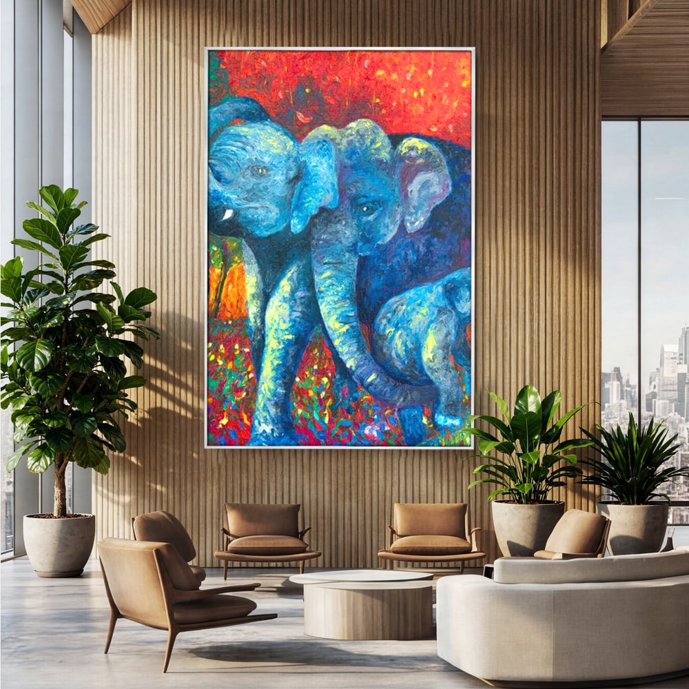 Leinwandbilder Premium, LuxCanva® M1309, Jungle Stories , Mehrfarbig, Expressionismus, Elefanten, Natur, Dschungel, Tropisch, Savanne, Wärme, Kontrast, Büro, Wohnen, Kinderzimmer