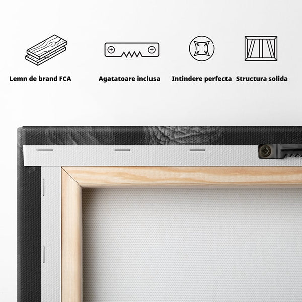 Tablou Canvas Premium, LuxCanva® M1310, Axa Puterii, Alb si Negru, Portret, Impunator, Realist, Elefant, Colti, Trompa, Animal, Simplitate, Vertical, Birou, Living, Camera Copil