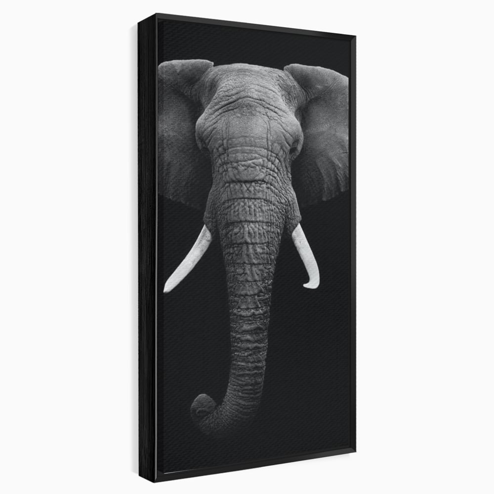 Tablou Canvas Premium, LuxCanva® M1310, Axa Puterii, Alb si Negru, Portret, Impunator, Realist, Elefant, Colti, Trompa, Animal, Simplitate, Vertical, Birou, Living, Camera Copil