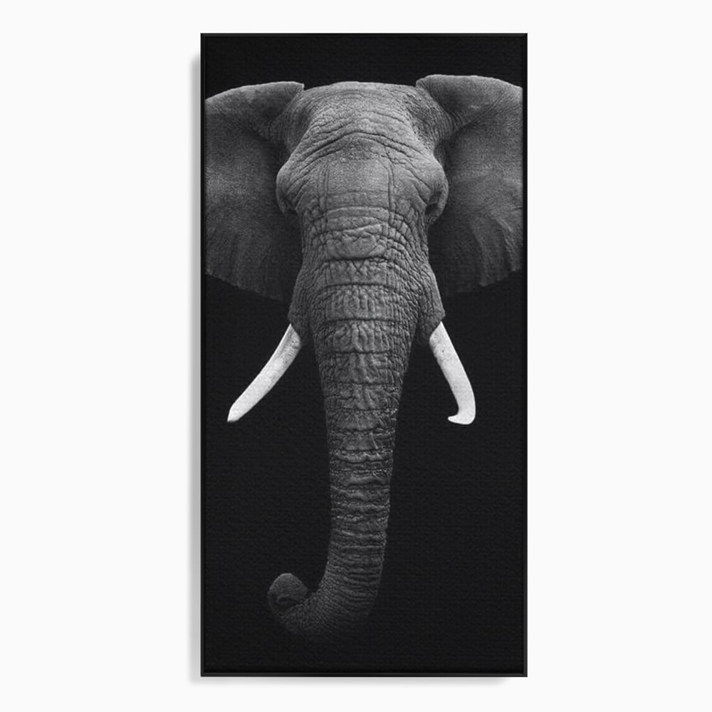 Tablou Canvas Premium, LuxCanva® M1310, Axa Puterii, Alb si Negru, Portret, Impunator, Realist, Elefant, Colti, Trompa, Animal, Simplitate, Vertical, Birou, Living, Camera Copil