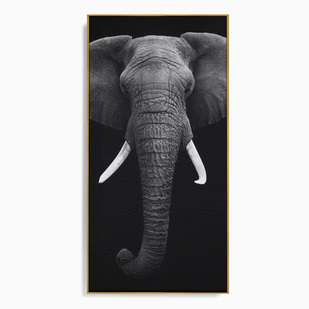 Tablou Canvas Premium, LuxCanva® M1310, Axa Puterii, Alb si Negru, Portret, Impunator, Realist, Elefant, Colti, Trompa, Animal, Simplitate, Vertical, Birou, Living, Camera Copil