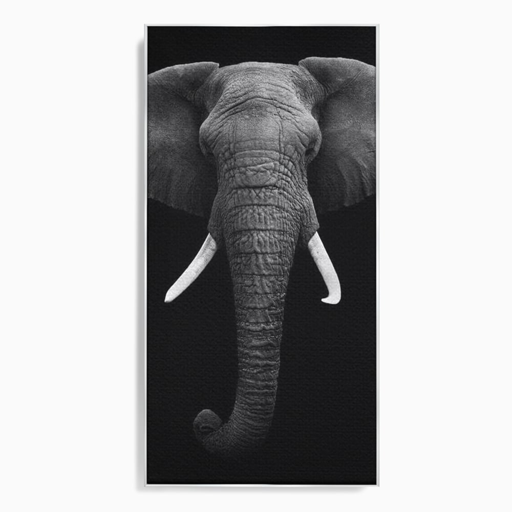 Tablou Canvas Premium, LuxCanva® M1310, Axa Puterii, Alb si Negru, Portret, Impunator, Realist, Elefant, Colti, Trompa, Animal, Simplitate, Vertical, Birou, Living, Camera Copil