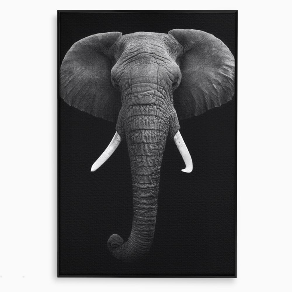 Tablou Canvas Premium, LuxCanva® M1310, Axa Puterii, Alb si Negru, Portret, Impunator, Realist, Elefant, Colti, Trompa, Animal, Simplitate, Vertical, Birou, Living, Camera Copil