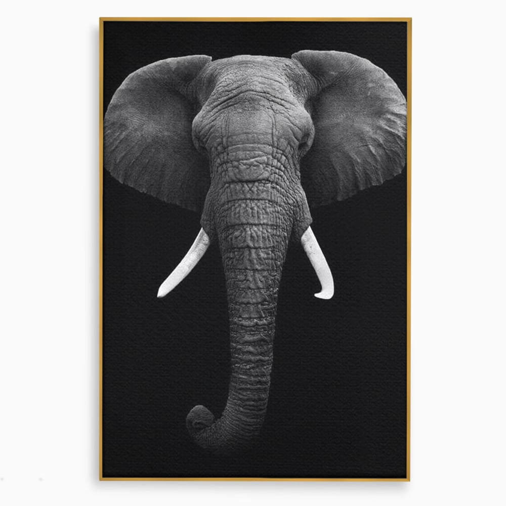 Tablou Canvas Premium, LuxCanva® M1310, Axa Puterii, Alb si Negru, Portret, Impunator, Realist, Elefant, Colti, Trompa, Animal, Simplitate, Vertical, Birou, Living, Camera Copil