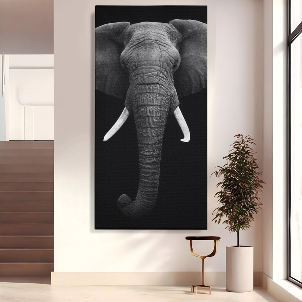 Tablou Canvas Premium, LuxCanva® M1310, Axa Puterii, Alb si Negru, Portret, Impunator, Realist, Elefant, Colti, Trompa, Animal, Simplitate, Vertical, Birou, Living, Camera Copil