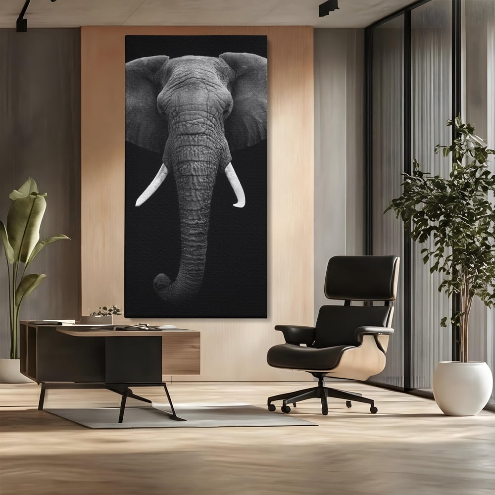 Tablou Canvas Premium, LuxCanva® M1310, Axa Puterii, Alb si Negru, Portret, Impunator, Realist, Elefant, Colti, Trompa, Animal, Simplitate, Vertical, Birou, Living, Camera Copil