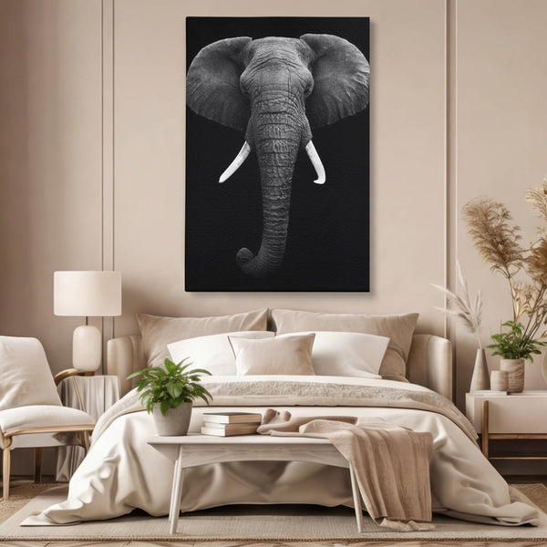Tablou Canvas Premium, LuxCanva® M1310, Axa Puterii, Alb si Negru, Portret, Impunator, Realist, Elefant, Colti, Trompa, Animal, Simplitate, Vertical, Birou, Living, Camera Copil