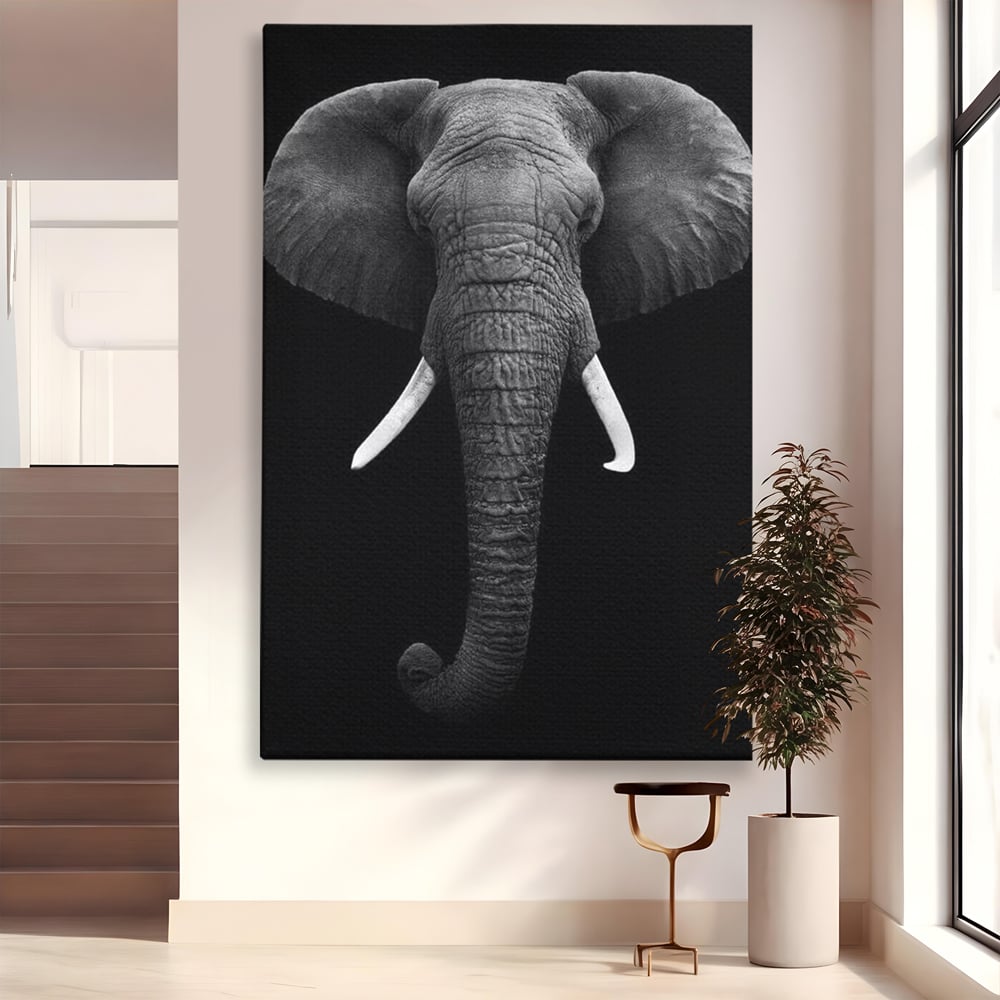 Tablou Canvas Premium, LuxCanva® M1310, Axa Puterii, Alb si Negru, Portret, Impunator, Realist, Elefant, Colti, Trompa, Animal, Simplitate, Vertical, Birou, Living, Camera Copil