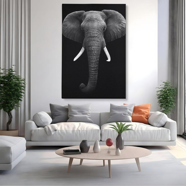 Tablou Canvas Premium, LuxCanva® M1310, Axa Puterii, Alb si Negru, Portret, Impunator, Realist, Elefant, Colti, Trompa, Animal, Simplitate, Vertical, Birou, Living, Camera Copil