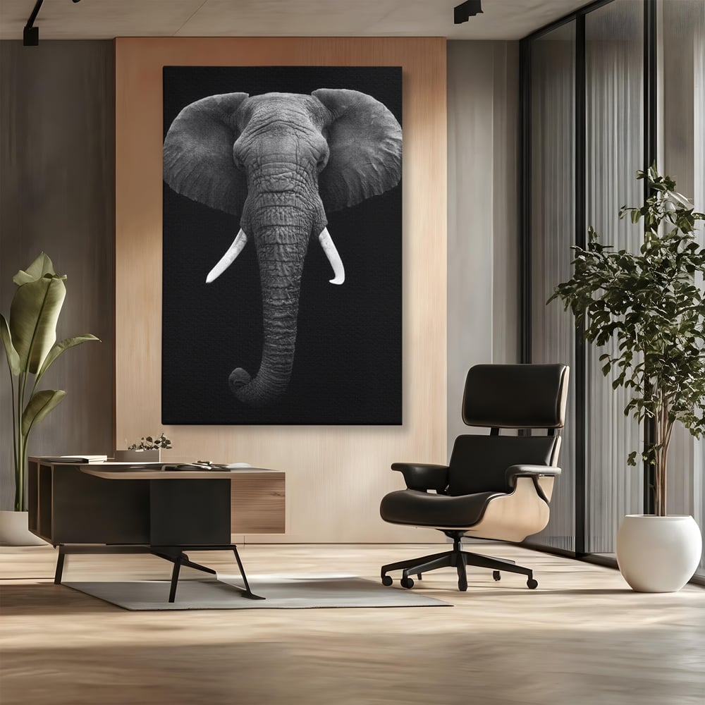 Tablou Canvas Premium, LuxCanva® M1310, Axa Puterii, Alb si Negru, Portret, Impunator, Realist, Elefant, Colti, Trompa, Animal, Simplitate, Vertical, Birou, Living, Camera Copil