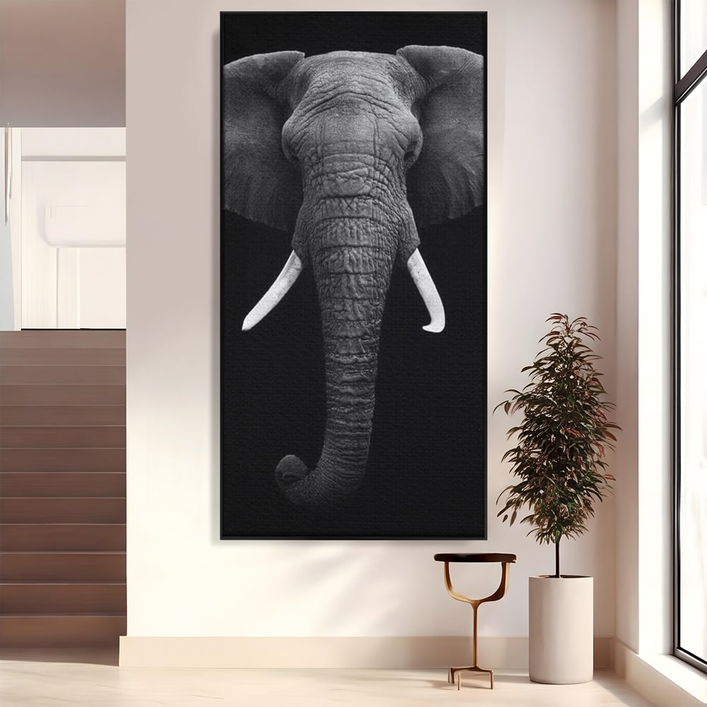 Tablou Canvas Premium, LuxCanva® M1310, Axa Puterii, Alb si Negru, Portret, Impunator, Realist, Elefant, Colti, Trompa, Animal, Simplitate, Vertical, Birou, Living, Camera Copil