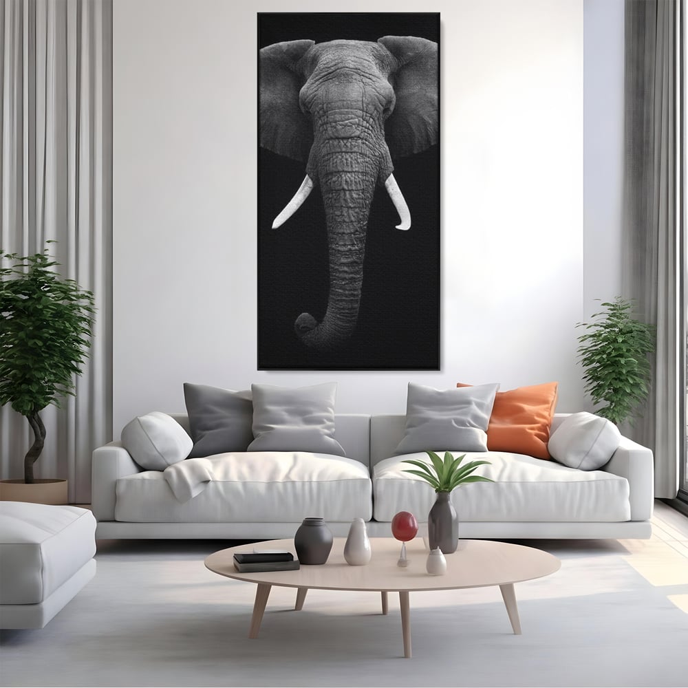 Tablou Canvas Premium, LuxCanva® M1310, Axa Puterii, Alb si Negru, Portret, Impunator, Realist, Elefant, Colti, Trompa, Animal, Simplitate, Vertical, Birou, Living, Camera Copil