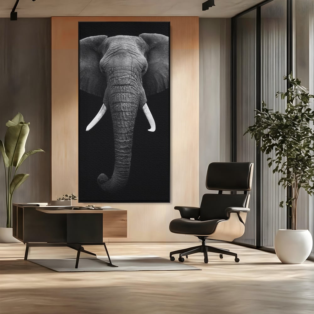 Tablou Canvas Premium, LuxCanva® M1310, Axa Puterii, Alb si Negru, Portret, Impunator, Realist, Elefant, Colti, Trompa, Animal, Simplitate, Vertical, Birou, Living, Camera Copil