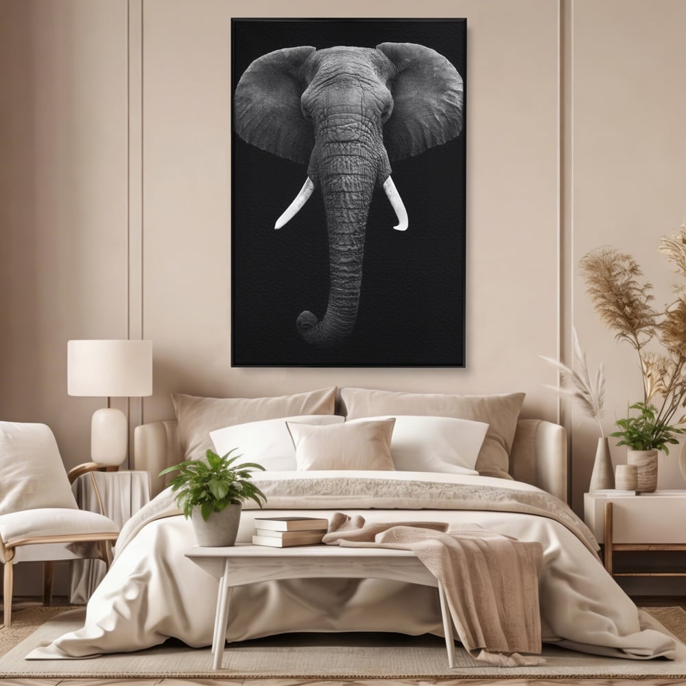 Tablou Canvas Premium, LuxCanva® M1310, Axa Puterii, Alb si Negru, Portret, Impunator, Realist, Elefant, Colti, Trompa, Animal, Simplitate, Vertical, Birou, Living, Camera Copil