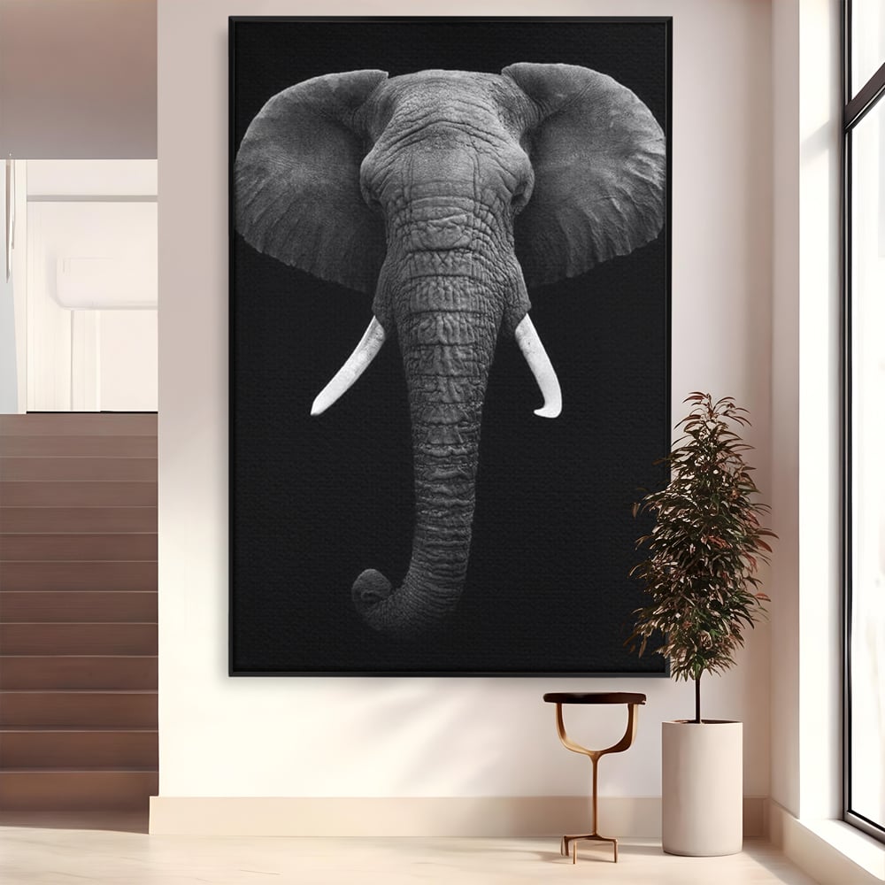 Tablou Canvas Premium, LuxCanva® M1310, Axa Puterii, Alb si Negru, Portret, Impunator, Realist, Elefant, Colti, Trompa, Animal, Simplitate, Vertical, Birou, Living, Camera Copil