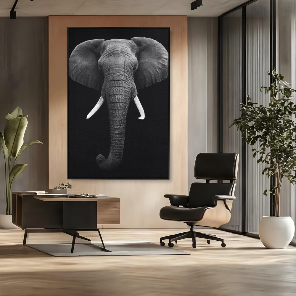 Tablou Canvas Premium, LuxCanva® M1310, Axa Puterii, Alb si Negru, Portret, Impunator, Realist, Elefant, Colti, Trompa, Animal, Simplitate, Vertical, Birou, Living, Camera Copil
