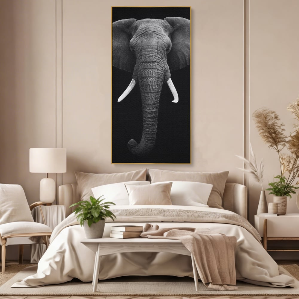 Tablou Canvas Premium, LuxCanva® M1310, Axa Puterii, Alb si Negru, Portret, Impunator, Realist, Elefant, Colti, Trompa, Animal, Simplitate, Vertical, Birou, Living, Camera Copil