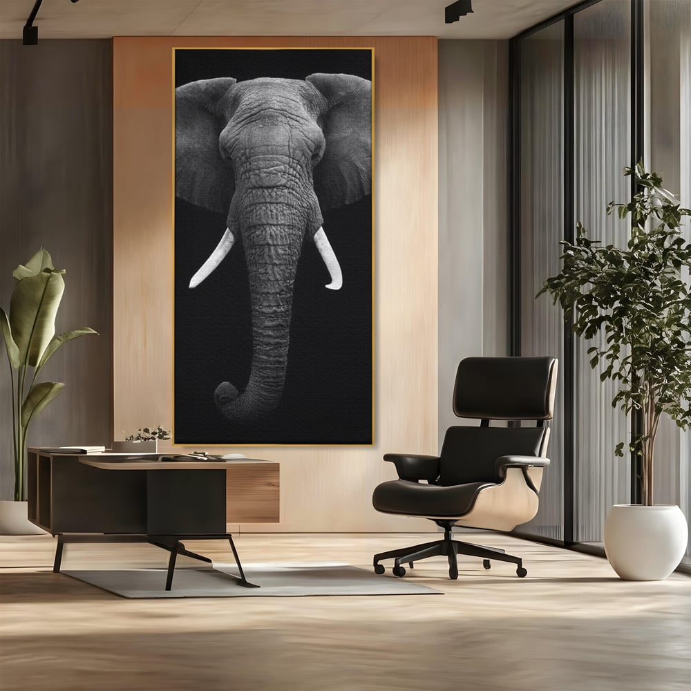 Tablou Canvas Premium, LuxCanva® M1310, Axa Puterii, Alb si Negru, Portret, Impunator, Realist, Elefant, Colti, Trompa, Animal, Simplitate, Vertical, Birou, Living, Camera Copil